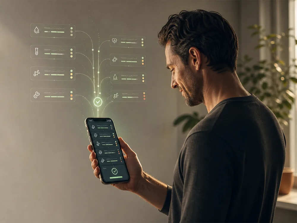 Man reviewing his lab biomarkers on the Veedma app